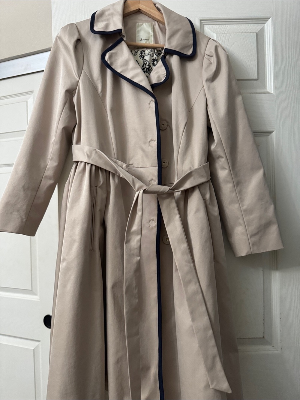 Elevenses anthropology Beige Trench Coat with Navy Trim - Women's Belted Coat